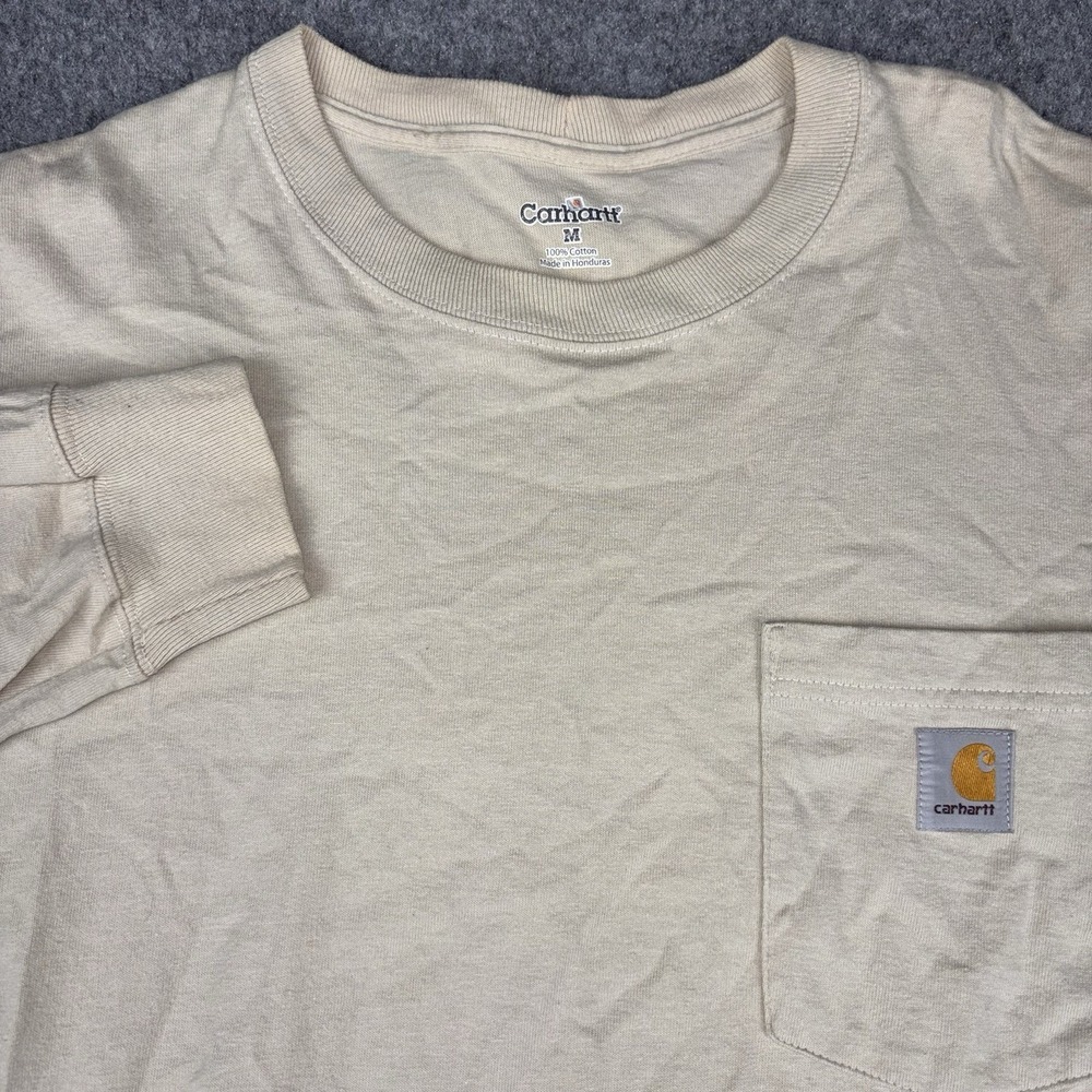 Carhartt Long Sleeve Shirt Mens Medium‎ Pocket T Shirt Workwear Beige Tan Cotton